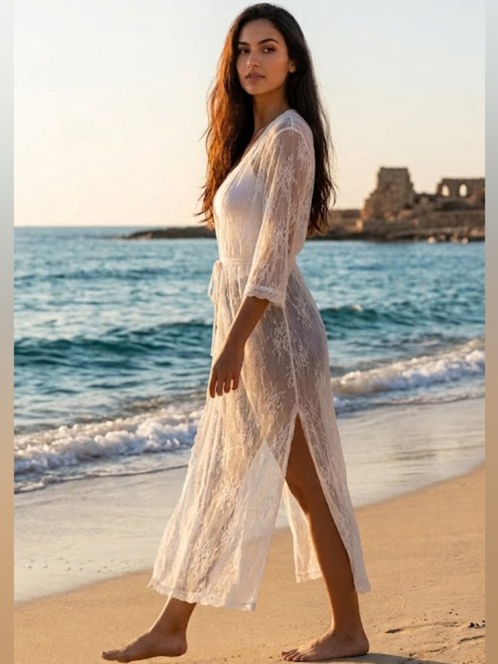Cover-Up in Ivory White Sheer Romantic Delicate Lace Duster Vacation/ Lingerie